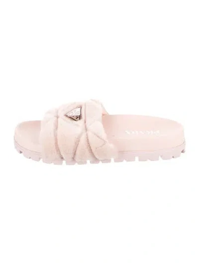 Pre-owned Prada Enameled Metal Triangle Leather Slides In Pink