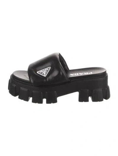 Pre-owned Prada Enameled Metal Triangle Leather Slides W/ Tags In Black