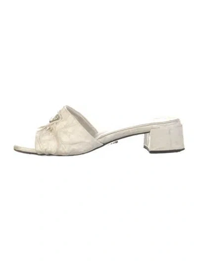 Pre-owned Prada Enameled Metal Triangle Leather Slides In White