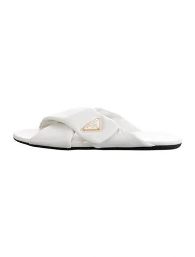 Pre-owned Prada Enameled Metal Triangle Leather Slides In White