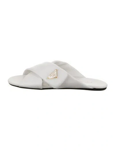 Pre-owned Prada Enameled Metal Triangle Leather Slides In White