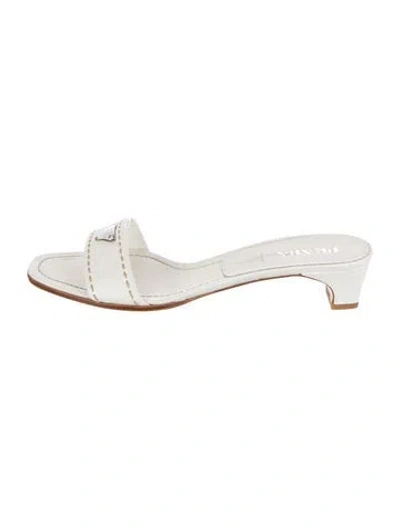 Pre-owned Prada Enameled Metal Triangle Leather Slides In White