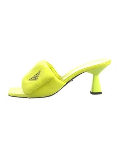 Pre-owned Prada Enameled Metal Triangle Leather Slides In Yellow