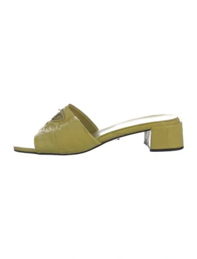Pre-owned Prada Enameled Metal Triangle Leather Slides In Yellow