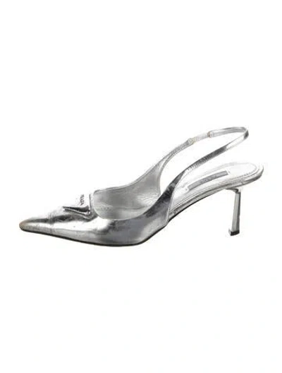 Pre-owned Prada Enameled Metal Triangle Leather Slingback Pumps
