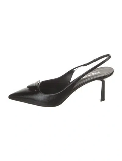 Pre-owned Prada Enameled Metal Triangle Leather Slingback Pumps In Black