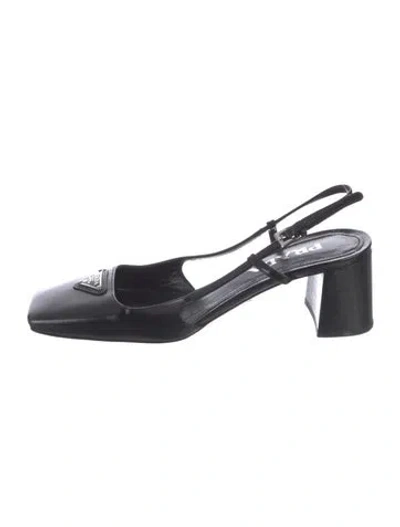Pre-owned Prada Enameled Metal Triangle Leather Slingback Pumps In Black