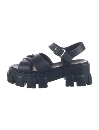 Pre-owned Prada Enameled Metal Triangle Leather Slingback Sandals In Blue