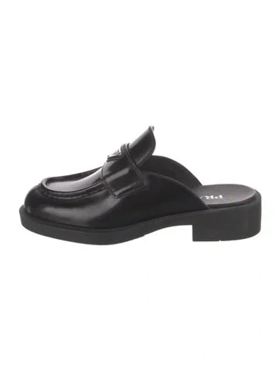 Pre-owned Prada Enameled Metal Triangle Leather Slippers In Black