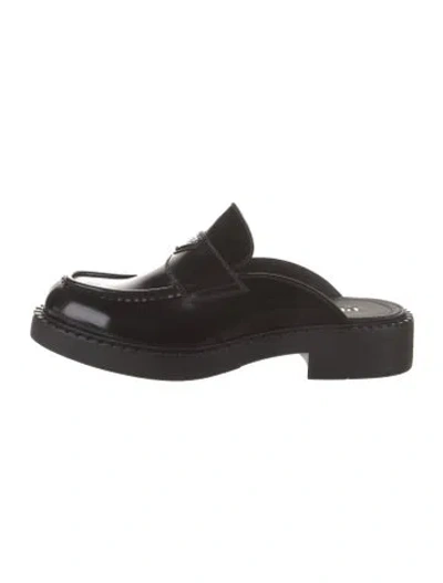 Pre-owned Prada Enameled Metal Triangle Leather Slippers In Black