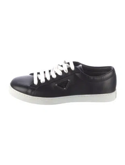 Pre-owned Prada Enameled Metal Triangle Leather Sneakers In Black