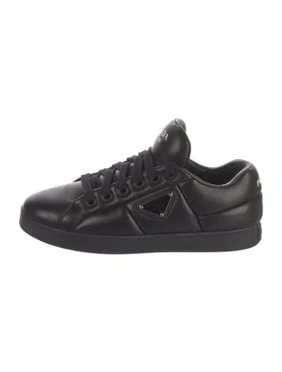Pre-owned Prada Enameled Metal Triangle Leather Sneakers In Black