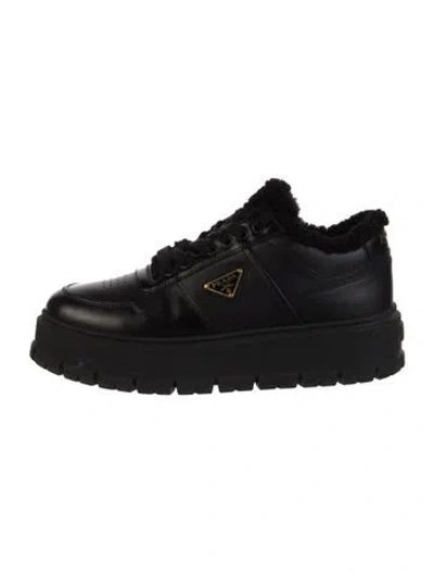 Pre-owned Prada Enameled Metal Triangle Leather Sneakers In Black