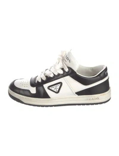 Pre-owned Prada Enameled Metal Triangle Leather Sneakers In Black