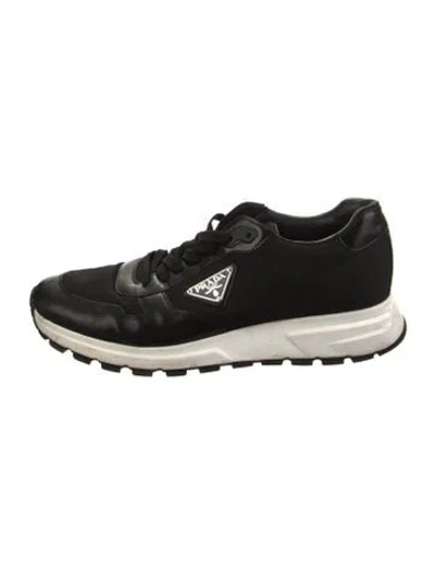 Pre-owned Prada Enameled Metal Triangle Leather Sneakers In Black