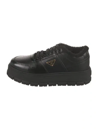 Pre-owned Prada Enameled Metal Triangle Leather Sneakers In Black