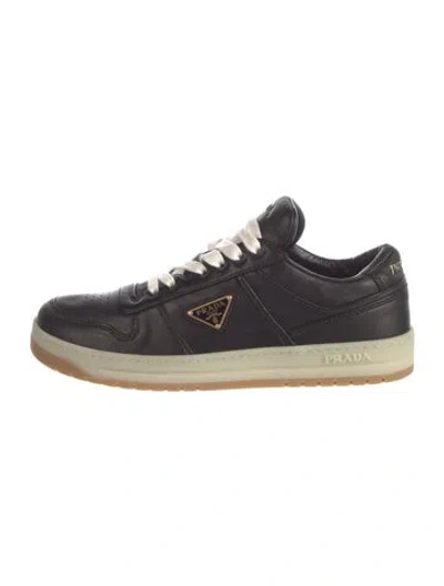Pre-owned Prada Enameled Metal Triangle Leather Sneakers In Black