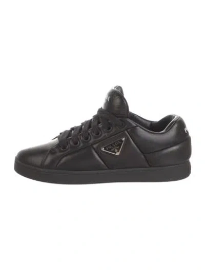 Pre-owned Prada Enameled Metal Triangle Leather Sneakers In Black