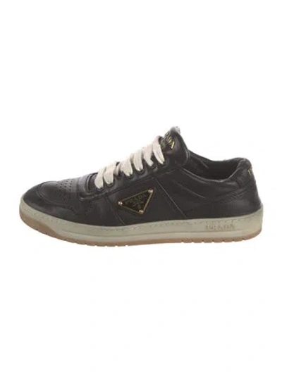 Pre-owned Prada Enameled Metal Triangle Leather Sneakers In Black