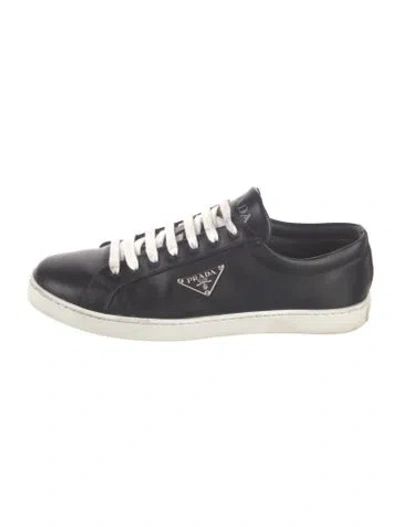 Pre-owned Prada Enameled Metal Triangle Leather Sneakers In Black