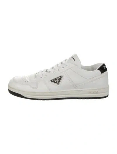 Pre-owned Prada Enameled Metal Triangle Leather Sneakers In Black/white