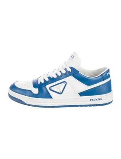 Pre-owned Prada Enameled Metal Triangle Leather Sneakers In Blue