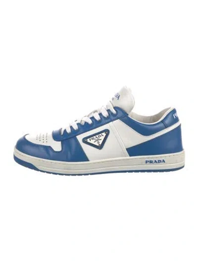 Pre-owned Prada Enameled Metal Triangle Leather Sneakers In Blue