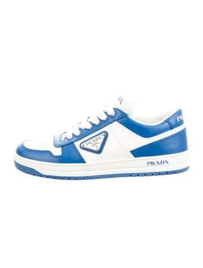 Pre-owned Prada Enameled Metal Triangle Leather Sneakers In Blue
