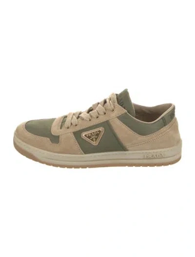 Pre-owned Prada Enameled Metal Triangle Leather Sneakers In Brown