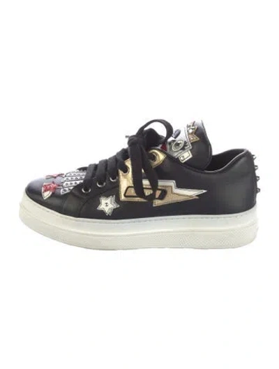 Pre-owned Prada Enameled Metal Triangle Leather Sneakers In Multi