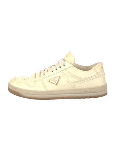 Pre-owned Prada Enameled Metal Triangle Leather Sneakers In Neutral