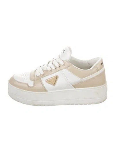Pre-owned Prada Enameled Metal Triangle Leather Sneakers In Neutral