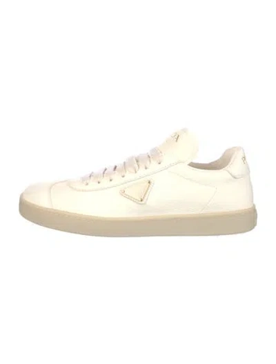 Pre-owned Prada Enameled Metal Triangle Leather Sneakers In Neutral