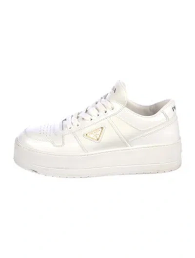 Pre-owned Prada Enameled Metal Triangle Leather Sneakers In Neutral