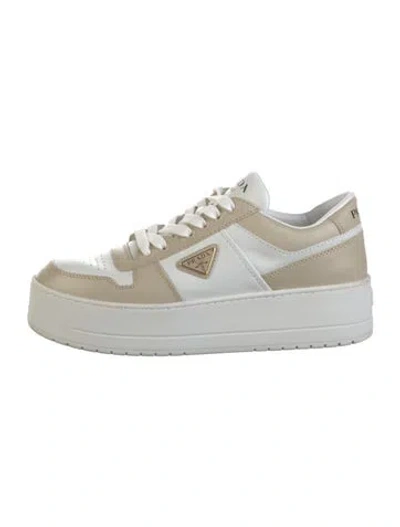 Pre-owned Prada Enameled Metal Triangle Leather Sneakers In Neutrals