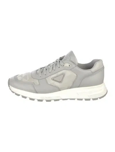 Pre-owned Prada Enameled Metal Triangle Leather Sneakers In Neutrals