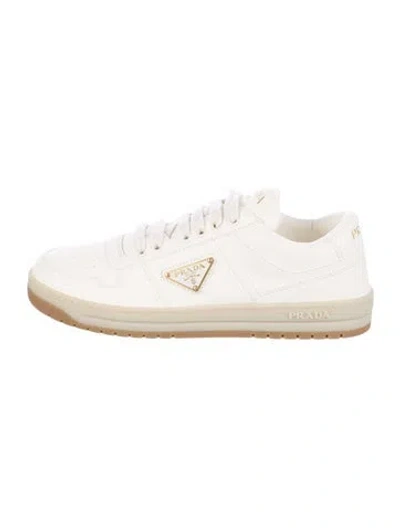 Pre-owned Prada Enameled Metal Triangle Leather Sneakers W/ Tags In Neutral