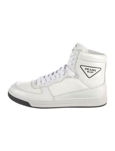 Pre-owned Prada Enameled Metal Triangle Leather Sneakers In White