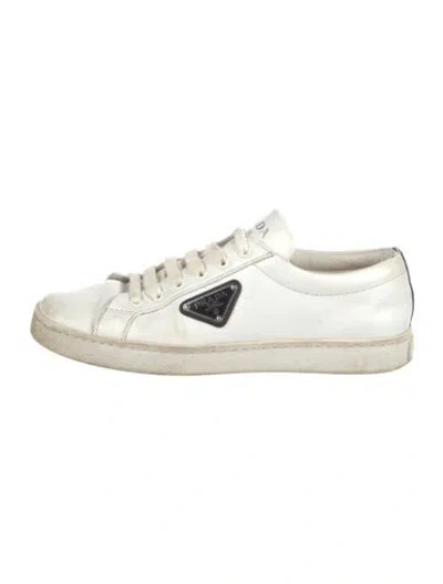 Pre-owned Prada Enameled Metal Triangle Leather Sneakers In White