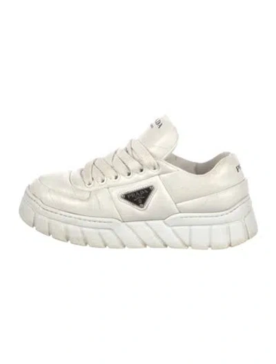 Pre-owned Prada Enameled Metal Triangle Leather Sneakers In White
