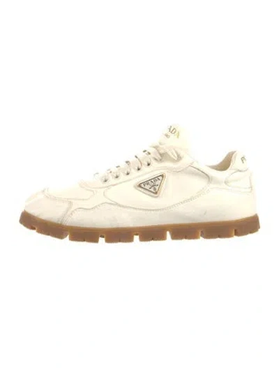 Pre-owned Prada Enameled Metal Triangle Leather Sneakers In White