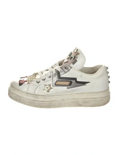 Pre-owned Prada Enameled Metal Triangle Leather Sneakers In White