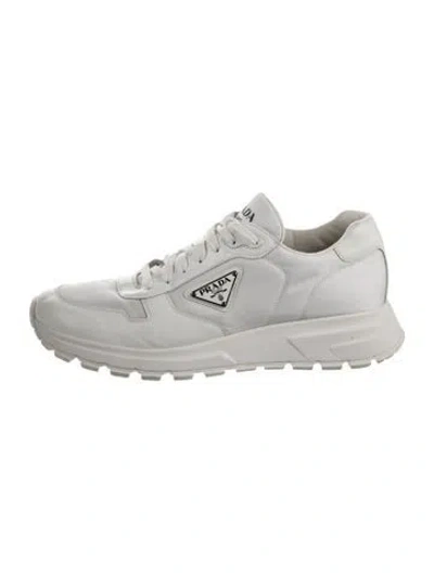 Pre-owned Prada Enameled Metal Triangle Leather Sneakers In White