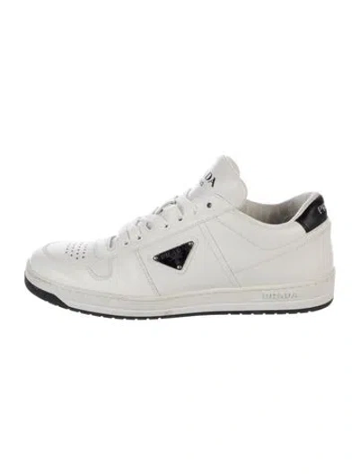 Pre-owned Prada Enameled Metal Triangle Leather Sneakers In White