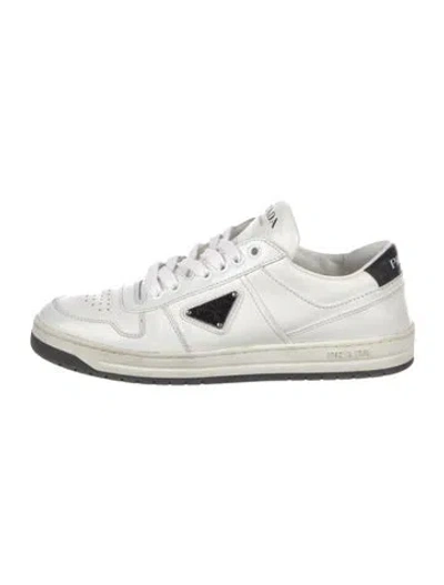 Pre-owned Prada Enameled Metal Triangle Leather Sneakers In White