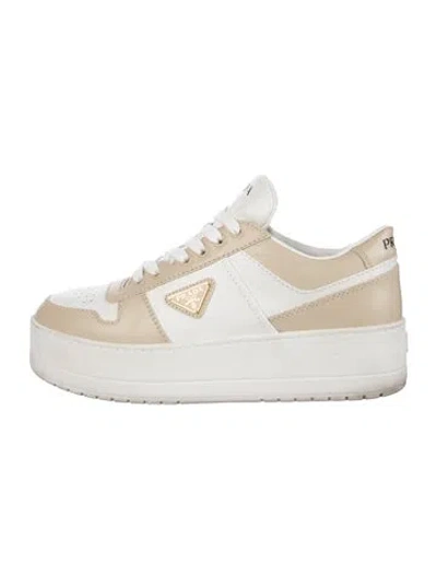 Pre-owned Prada Enameled Metal Triangle Leather Sneakers In White