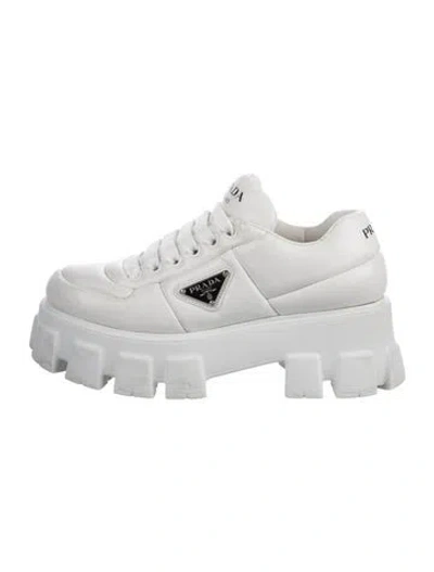 Pre-owned Prada Enameled Metal Triangle Leather Sneakers In White