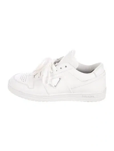 Pre-owned Prada Enameled Metal Triangle Leather Sneakers In White