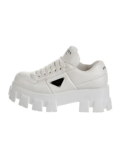 Pre-owned Prada Enameled Metal Triangle Leather Sneakers In White
