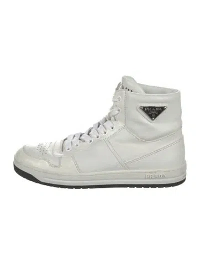 Pre-owned Prada Enameled Metal Triangle Leather Sneakers In White